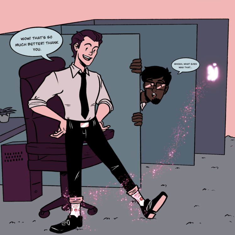 Man at desk wearing Magic Feet socks