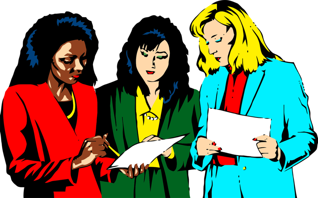 Clipart of three women discussing business