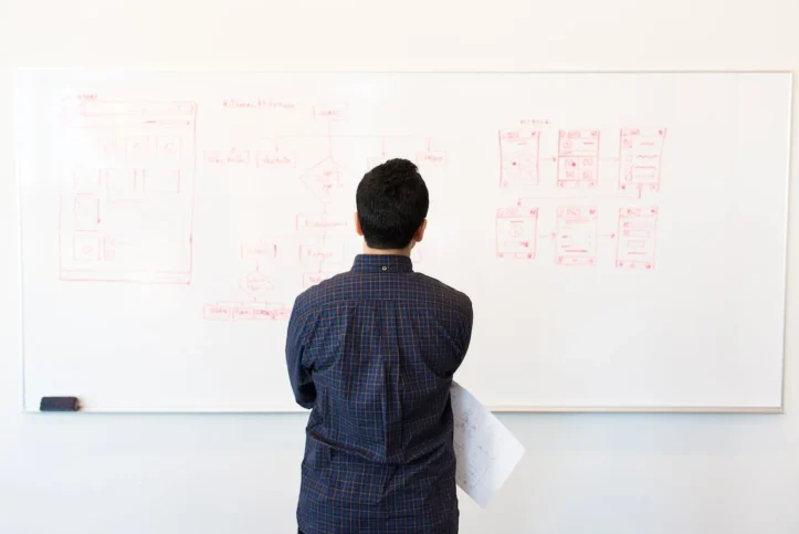 Man in front of business white board.