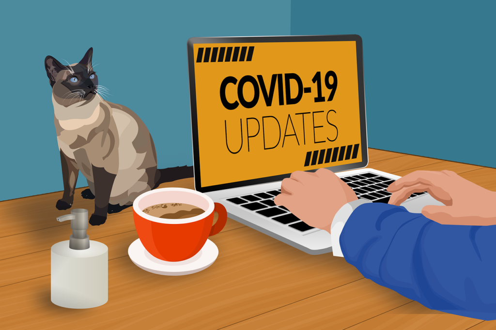 animated picture of typing on a laptop that says Covid-19 updates beside a cat, cup of coffee and hand sanitizer. 