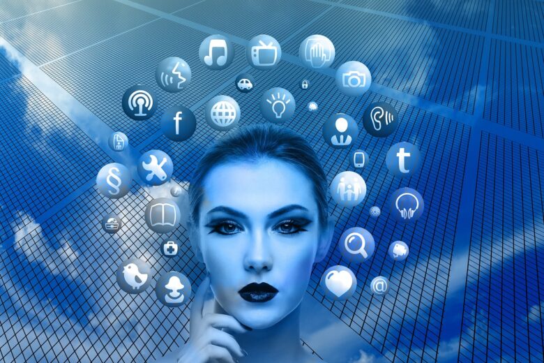 A woman with technology icons surrounding her