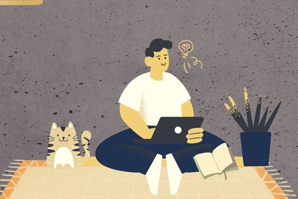 animated pictured of man sitting on floor with laptop working beside a happy cat.