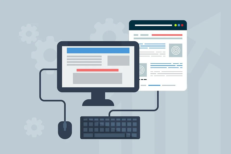 Graphic of a computer monitor, keyboard, and mouse connected to a default website design.