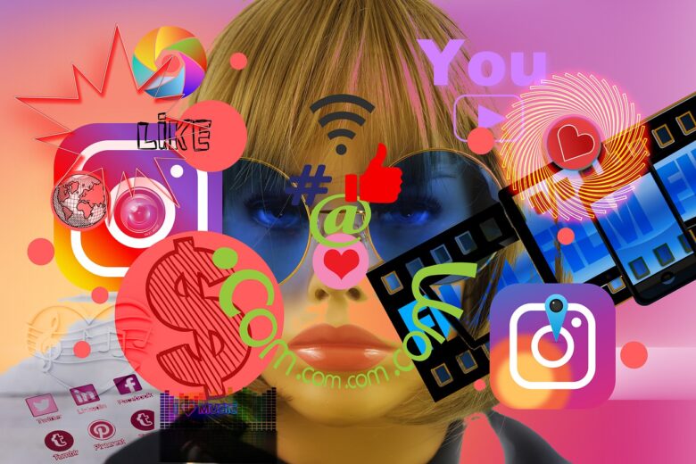 A girl with the instagram logo around her and money.